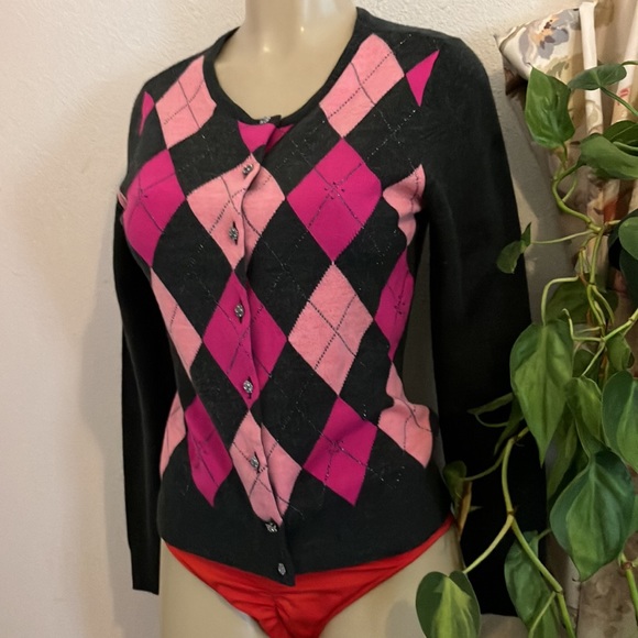 Used Cardigan knit Sweater New York &Company Gray and Pink Plaid - Picture 5 of 13